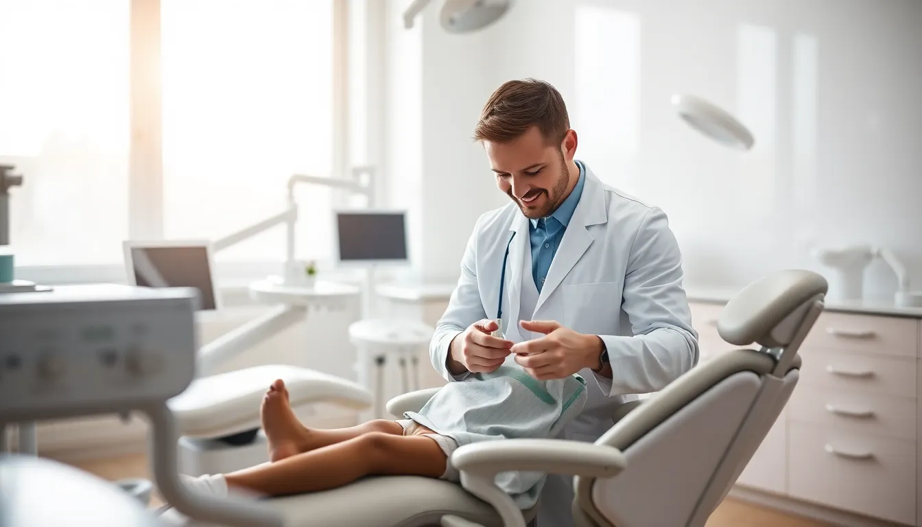 This image captures a warm interaction between a dentist and a young patient in a modern dental office, bathed in soft, diffused daylight. The dentist, clad in a crisp white coat, leans in with a caring expression, fostering a comforting atmosphere. The background features meticulously arranged dental instruments, emphasizing cleanliness and professionalism. The overall composition evokes feelings of trust and comfort, ideal for healthcare and dental themes.