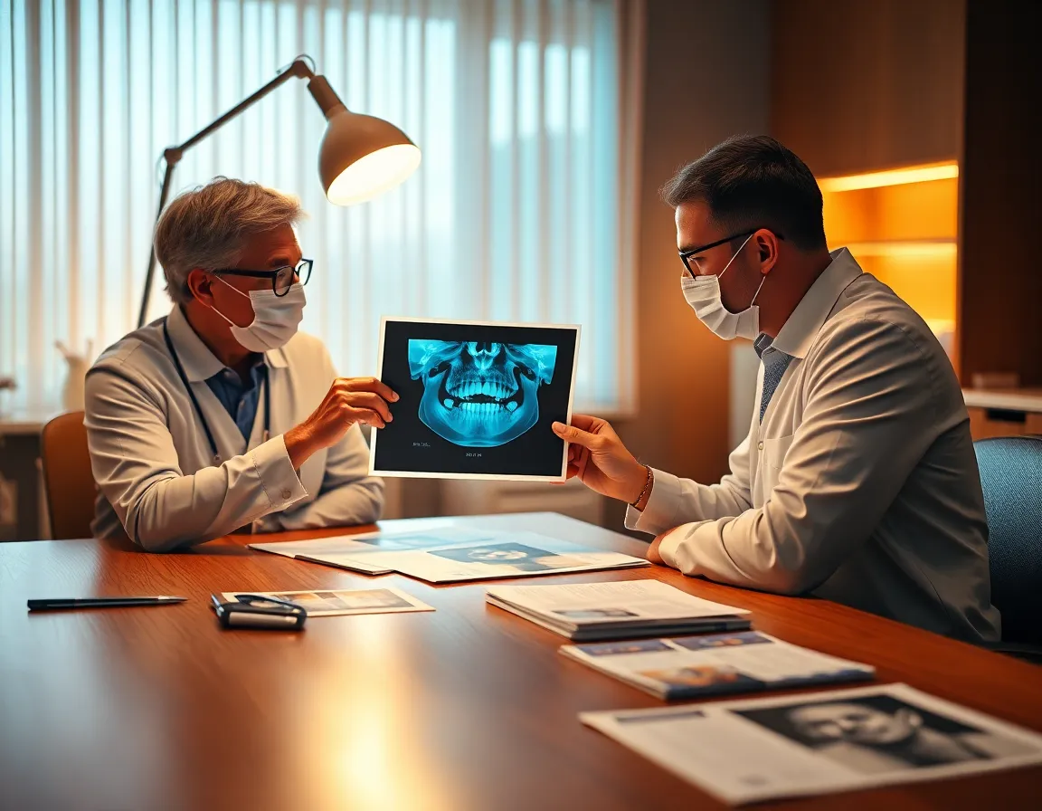 A focused dentist gestures towards a dental x-ray during a consultation with a patient in a modern dental office setting. The warm lighting and rich colors create an inviting atmosphere, while the blurred background highlights the interaction between the dentist and patient. This image captures the essence of personalized dental care and education in a professional environment.