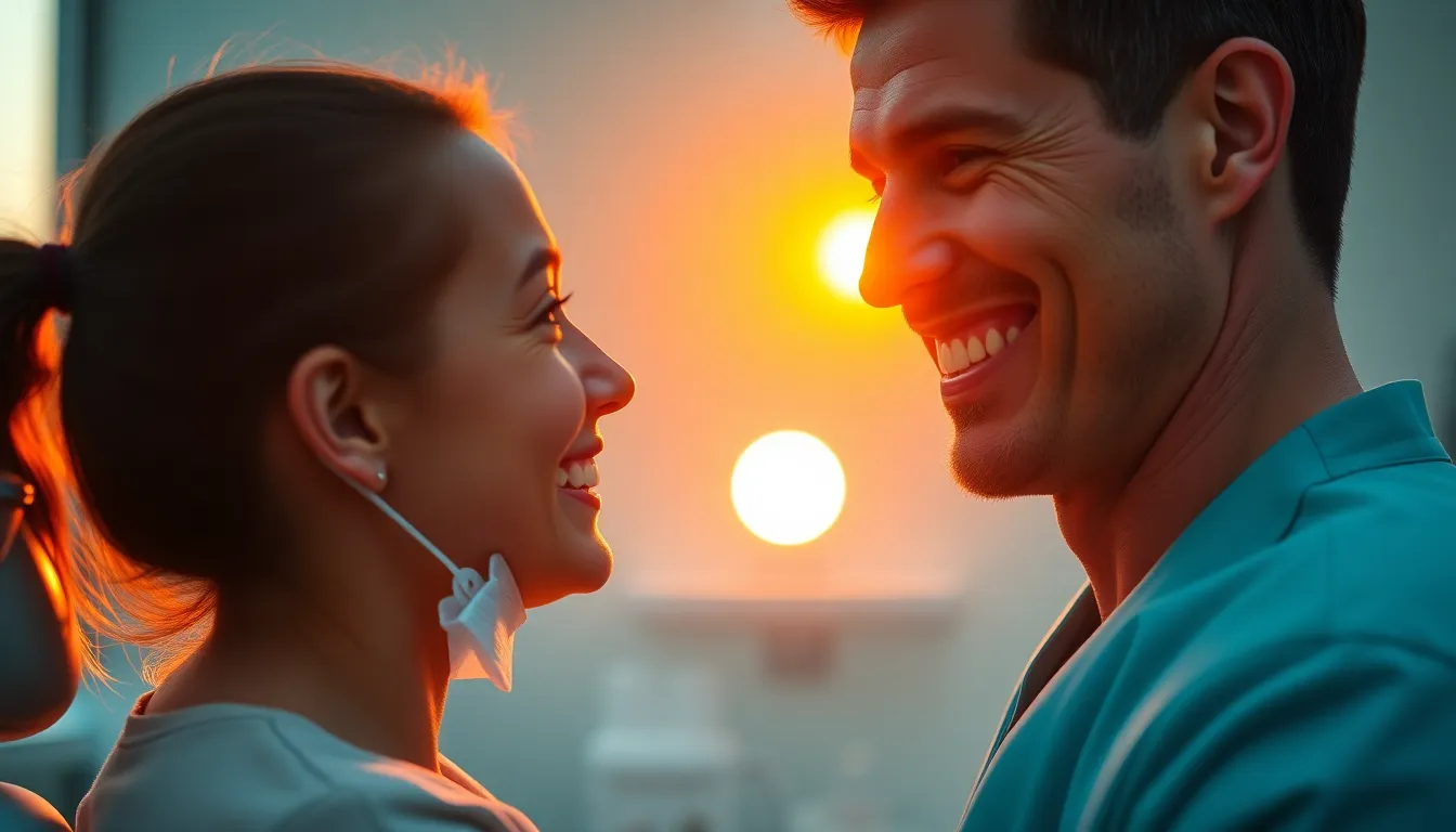In this warm and inviting image, a dentist is engaged in a friendly conversation with a patient, beautifully illuminated by the golden hour light. The soft backlighting creates a warm rim light that highlights their expressions, while the selective focus draws attention to their interaction. The cinematic color grading enhances the professional yet welcoming atmosphere, perfectly capturing the essence of a positive dental experience.