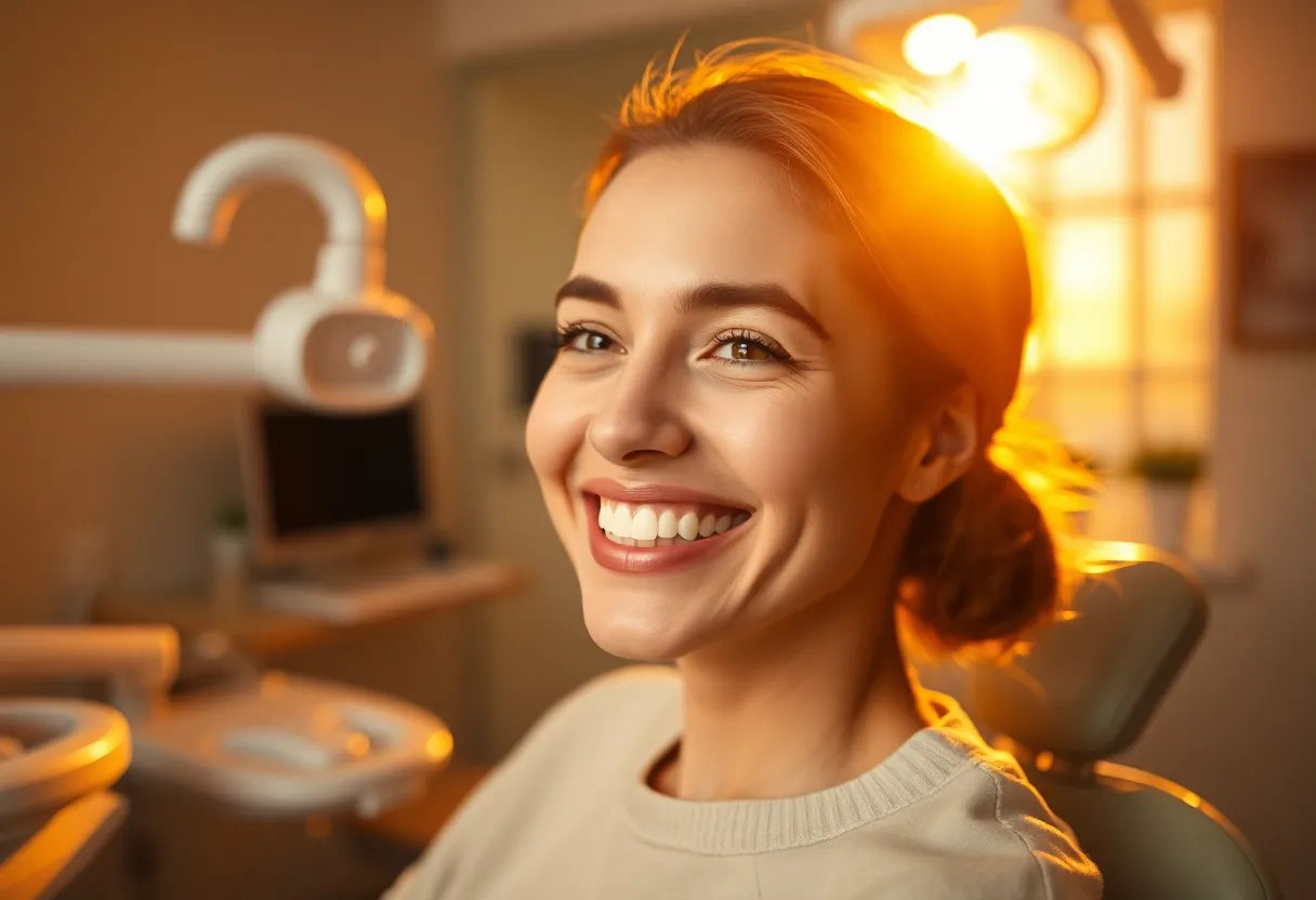 A joyful moment captured as a patient smiles after their dental procedure, bathed in warm golden hour light. The focus on the patient's eyes conveys happiness while the soft bokeh of the background creates a serene atmosphere. This image communicates positive dental experiences and the professional care provided in modern dental offices.