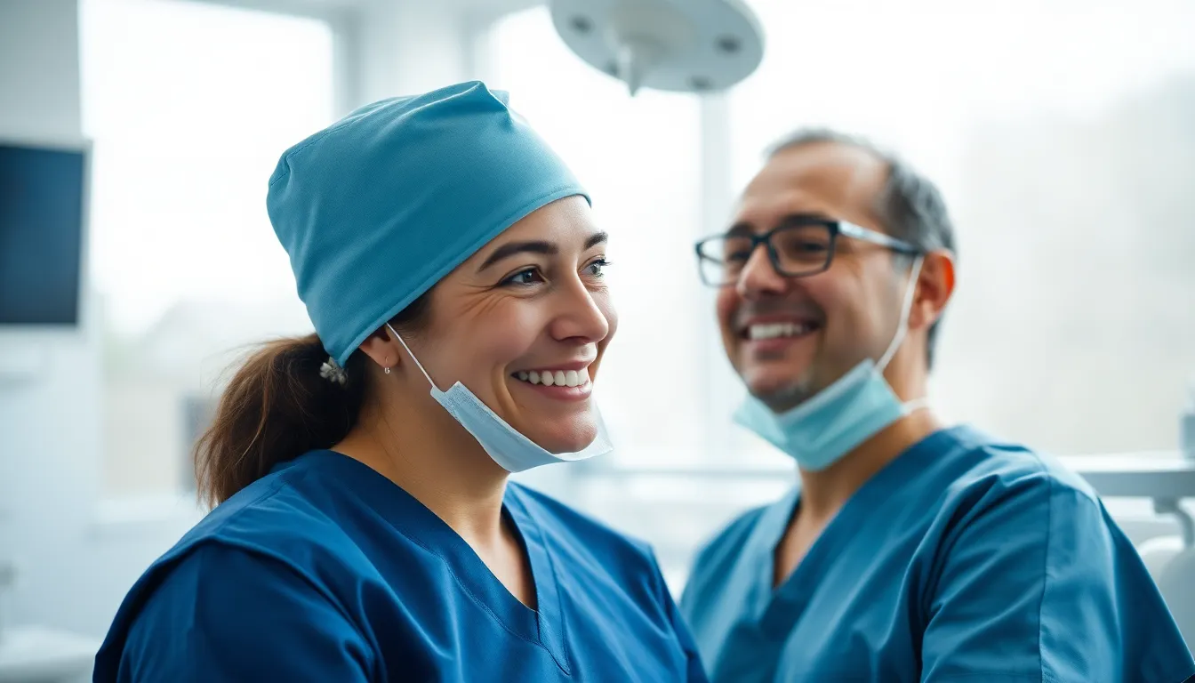 A dentist in calming blue scrubs examines a patient in a bright dental office. The scene captures a warm, inviting atmosphere created by soft, diffused light. The shallow depth of field emphasizes the dentist's detailed expression and the patient's relaxed demeanor. The color palette enhances natural skin tones, creating a sense of trust and comfort.