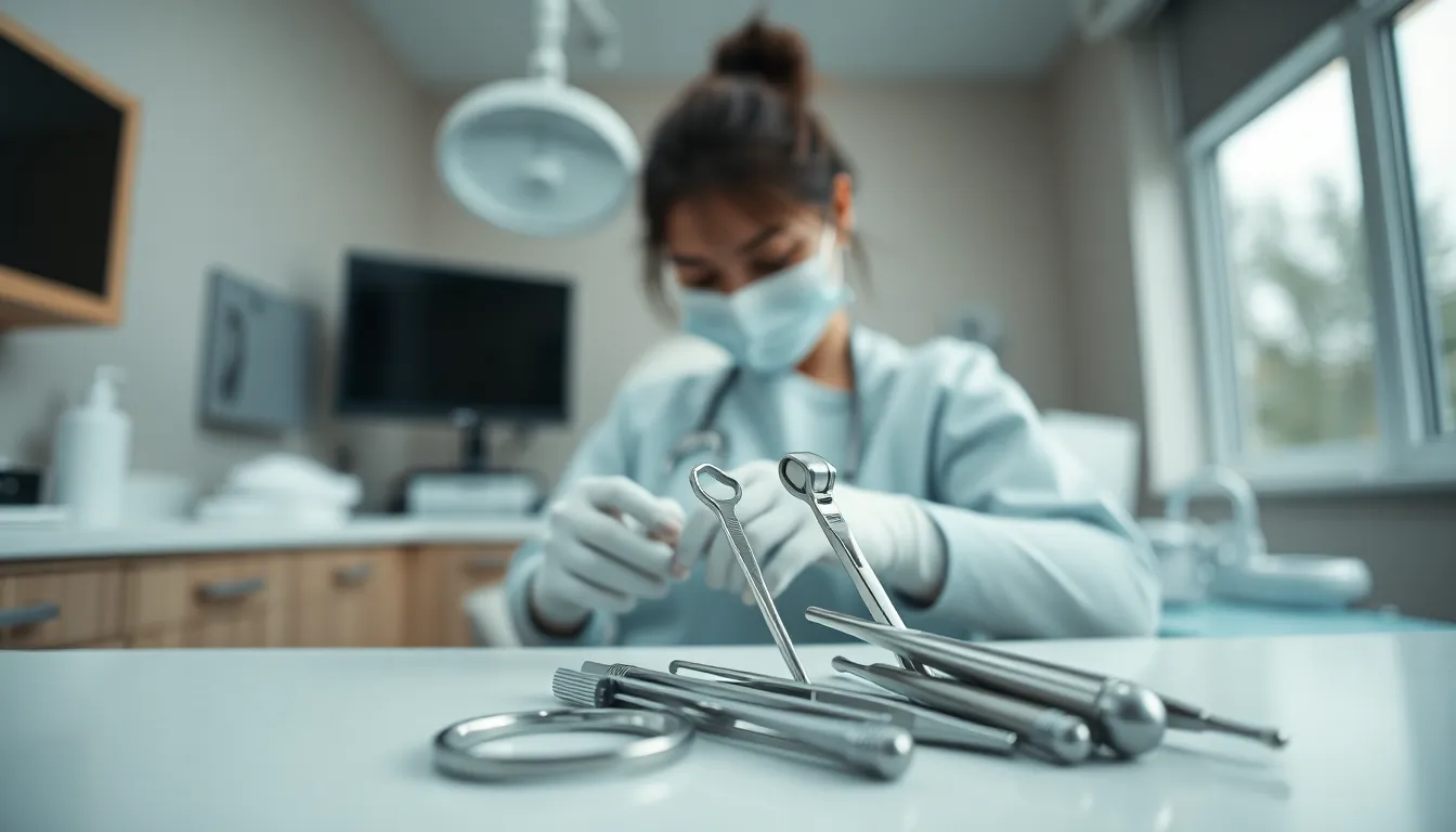 In a bright and orderly dental clinic, a hygienist is seen preparing tools for an upcoming procedure. The diffused daylight creates a calm and professional atmosphere, while the sharp focus on the instruments highlights their cleanliness and readiness. Subtle earth tones complement the clinical setting, ensuring that the viewer feels the importance of hygiene in dental care.