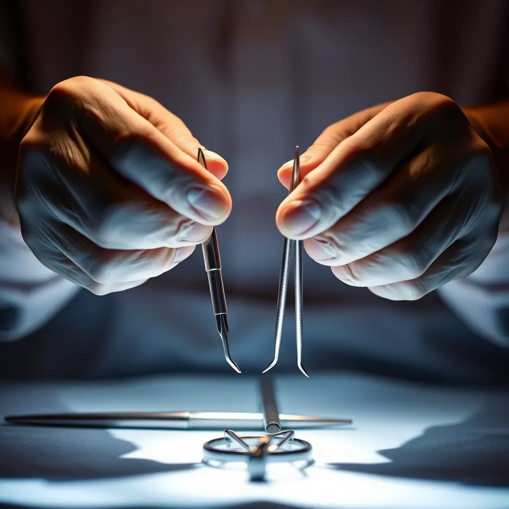 An intimate close-up captures a dentist's skilled hands gripping surgical tools, bathed in sophisticated Rembrandt lighting. The warm hues accentuate the gleaming instruments against a soft bokeh background, underscoring the precision and professionalism associated with dental care. This image conveys a sense of trust and expertise in the dental field.