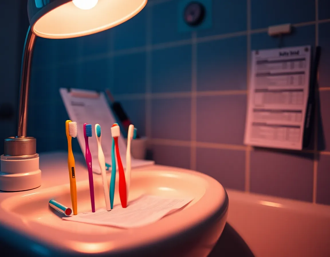 Dental Hygiene Tools on Display An artistic composition of dental hygiene tools arranged on a porcelain sink, illuminated by warm tungsten light. The image emphasizes the vibrant colors and textures of the bristles, creating a striking contrast against the sink's reflective surface. Set at an angle, the tools draw the eye, while the warm tones evoke a sense of care and professionalism in dental health.