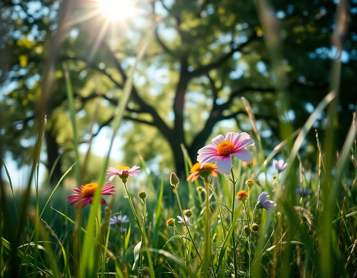 A breathtaking capture of vibrant desert wildflowers blooming amidst a backdrop of filtered sunlight. The selective focus on the flowers brings them into sharp relief against a dreamy bokeh of dappled light. Rich, saturated colors inspired by Fujifilm Velvia enhance the lively hues of the blossoms, while the framing of wild grasses adds depth. This image evokes feelings of joy and the resilience of nature in the desert.