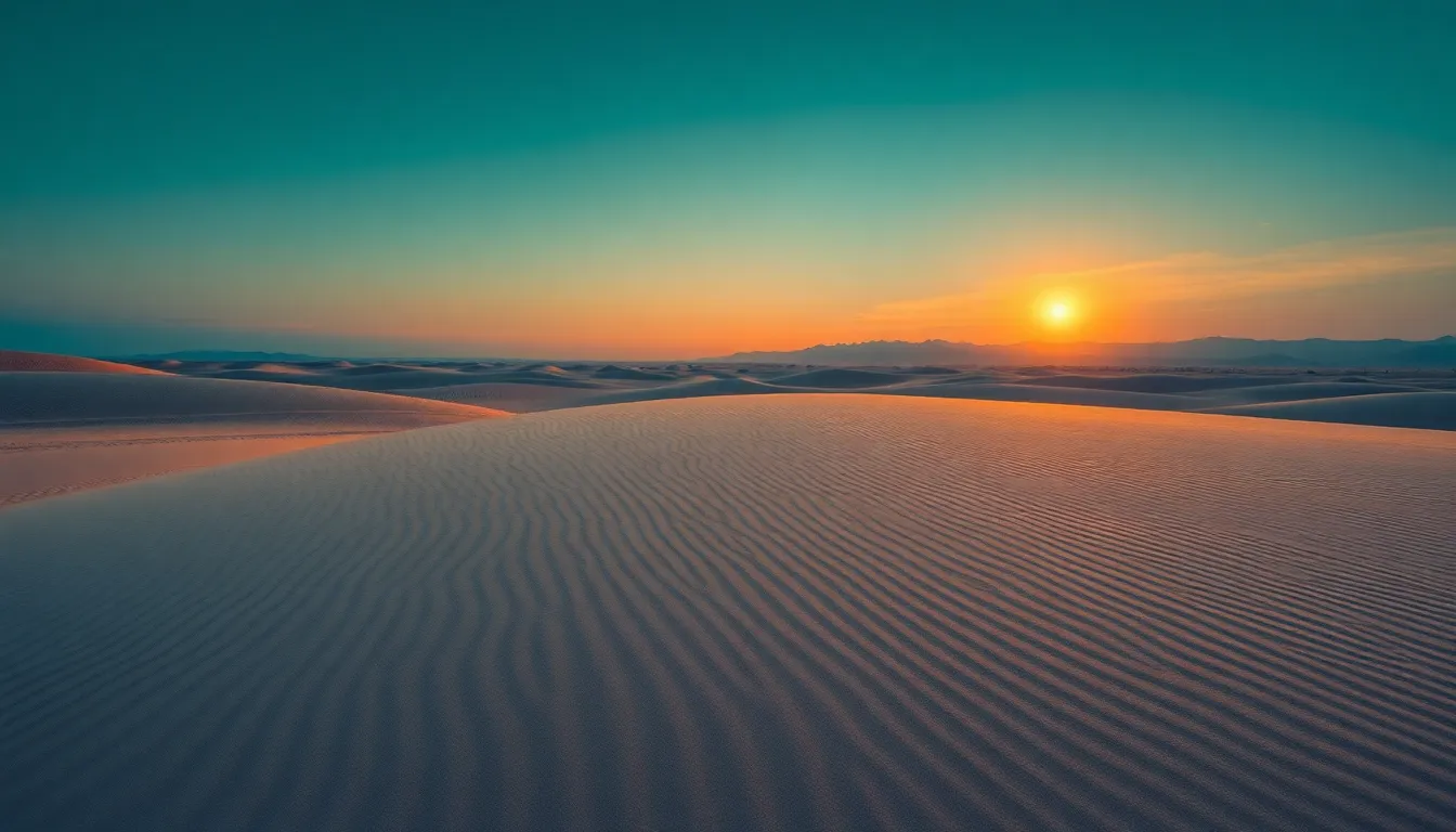 This breathtaking composition showcases the tranquil beauty of sand dunes at dusk, with dramatic light from a low sun casting long shadows across the rippling surfaces. The scene utilizes hyperfocal distance for sharp clarity from the intricate textures of the sand in the foreground to the distant mountains. Enhanced by cinematic teal and orange color grading, the symmetry of the dunes creates a visually appealing rhythm that draws the viewer into a serene evening desert landscape.