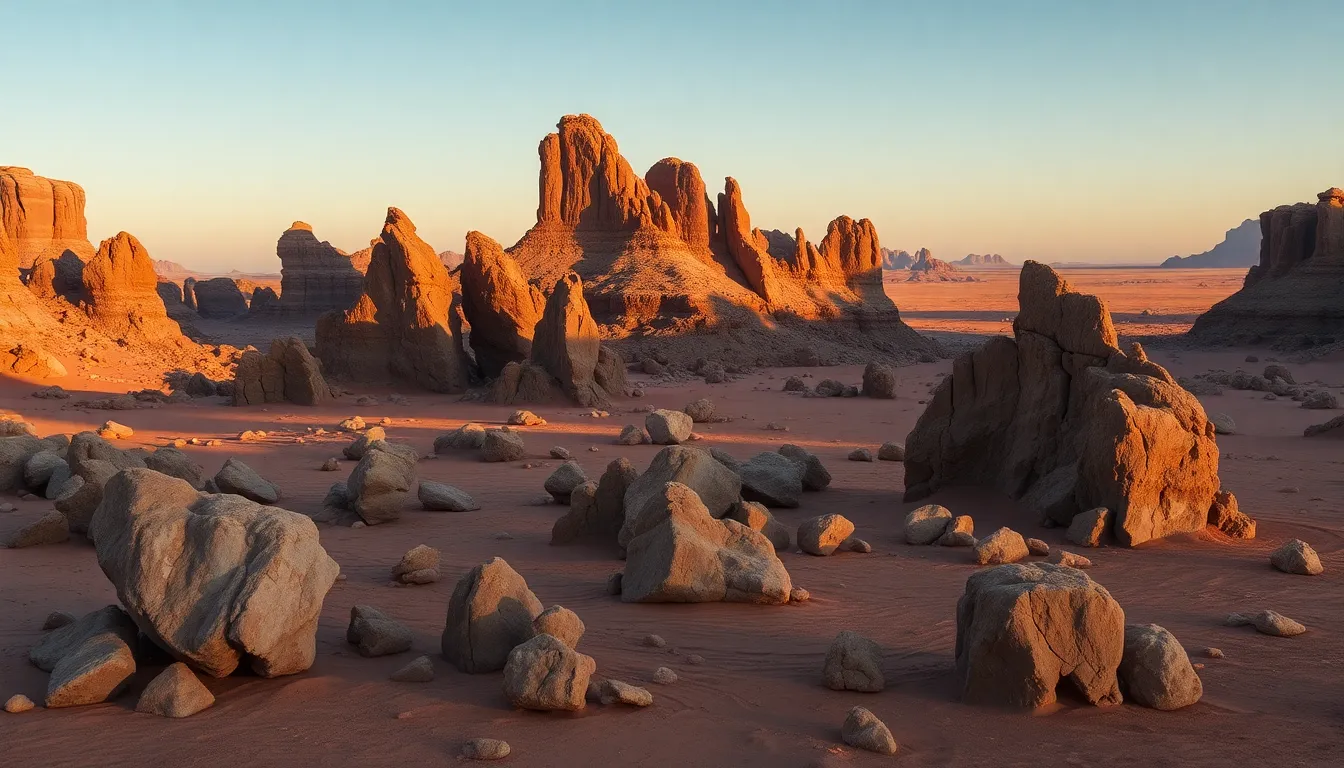 An expansive view of rippling sand dunes at dusk, illuminated by the soft glow of the golden hour. The warm hues of the dunes blend seamlessly into the muted colors of the background mountains, creating a serene and tranquil atmosphere. Textures of the sand are sharply defined, drawing attention to the intricate patterns created by the wind. This captivating composition, with its leading lines and expansive depth of field, evokes a sense of peace and solitude within the vast desert landscape.