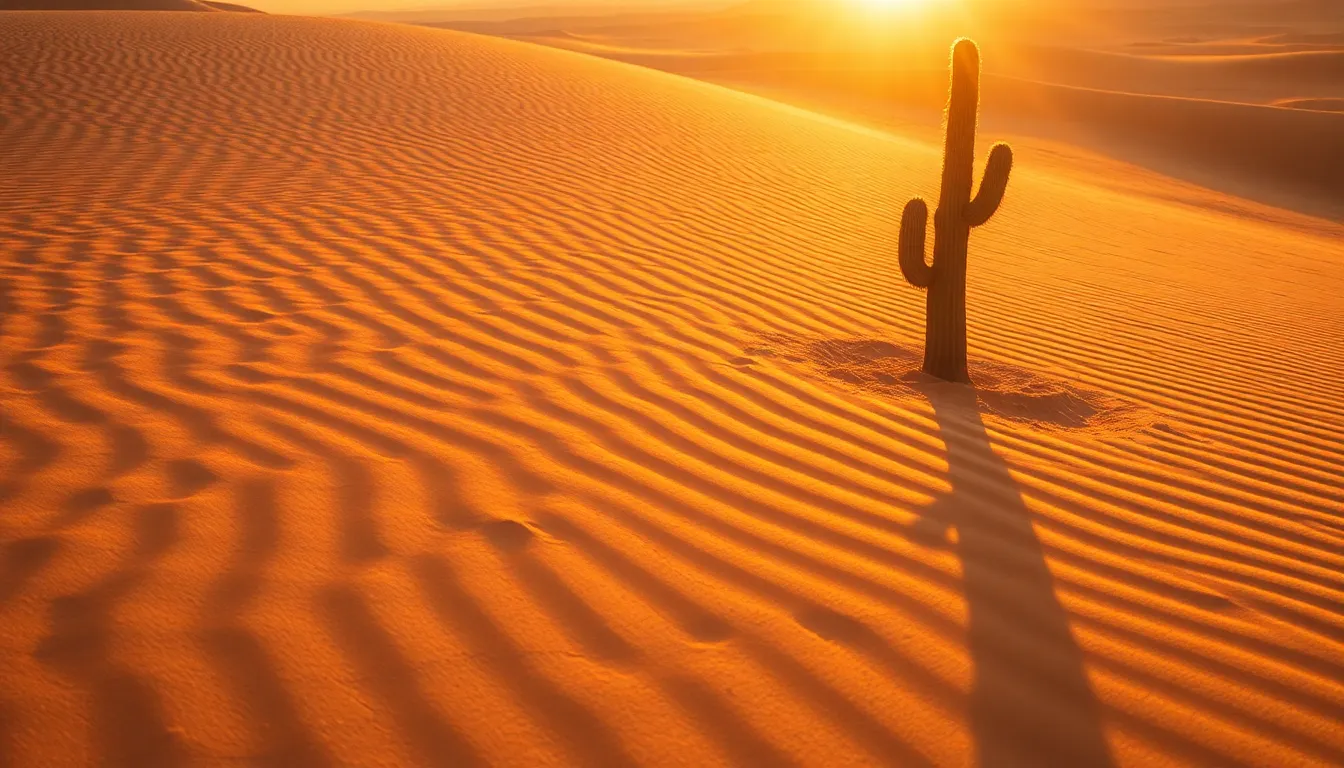 Stunning Saguaro Cactus in the Desert A solitary saguaro cactus stands majestically against a vibrant sunset in the desert. The warm golden hour light casts soft shadows on the weathered sand dunes, emphasizing the texture of the grains. Rich oranges and deep browns dominate the scene, creating an inviting atmosphere. The shallow depth of field beautifully blurs the background, drawing attention to the cactus and enhancing its natural beauty.