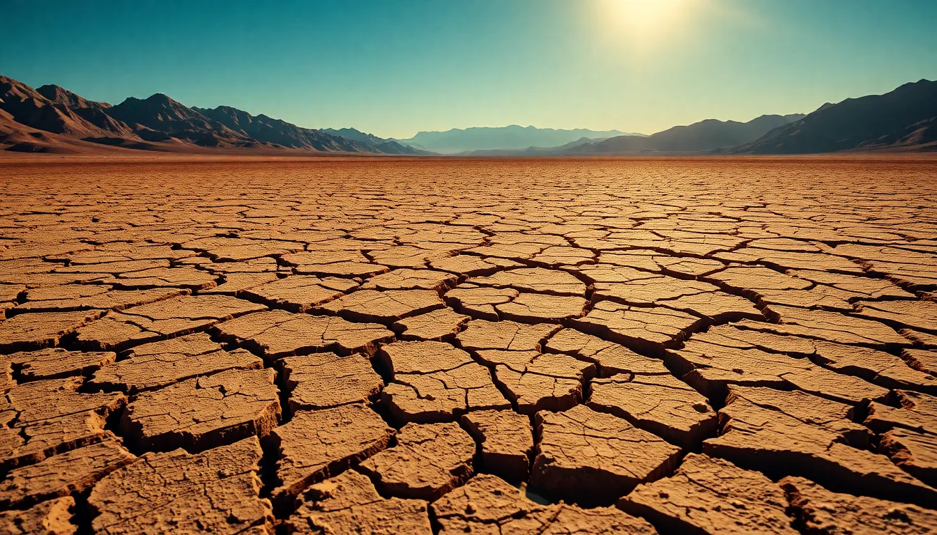 This dramatic image showcases a cracked desert ground bathed in harsh midday sunlight. The strong contrasts between light and shadow create a striking visual effect, accentuated by a cinematic teal and orange color grading. With a hyperfocal distance, details in the dried earth are sharp from foreground to infinity, leading the eye naturally towards distant mountains. The texture of the parched earth emphasizes the harsh conditions of the desert environment.