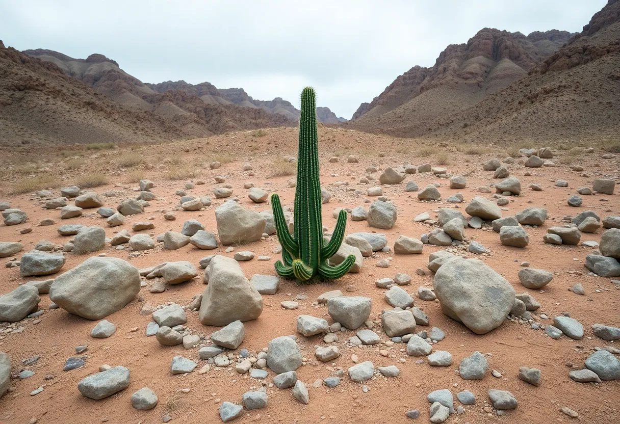 Solitary Cactus in Rocky Desert Landscape This captivating image features a solitary cactus standing proudly in a rocky desert landscape under soft, diffused daylight. The overcast sky enhances the rich browns and deep greens, providing a lush contrast to the arid surroundings. The hyperfocal depth of field ensures that every detail is crisp, from the foreground texture of the soil to the distant mountains. A centered symmetrical composition draws focus to the cactus, emphasizing its resilience in the wild.