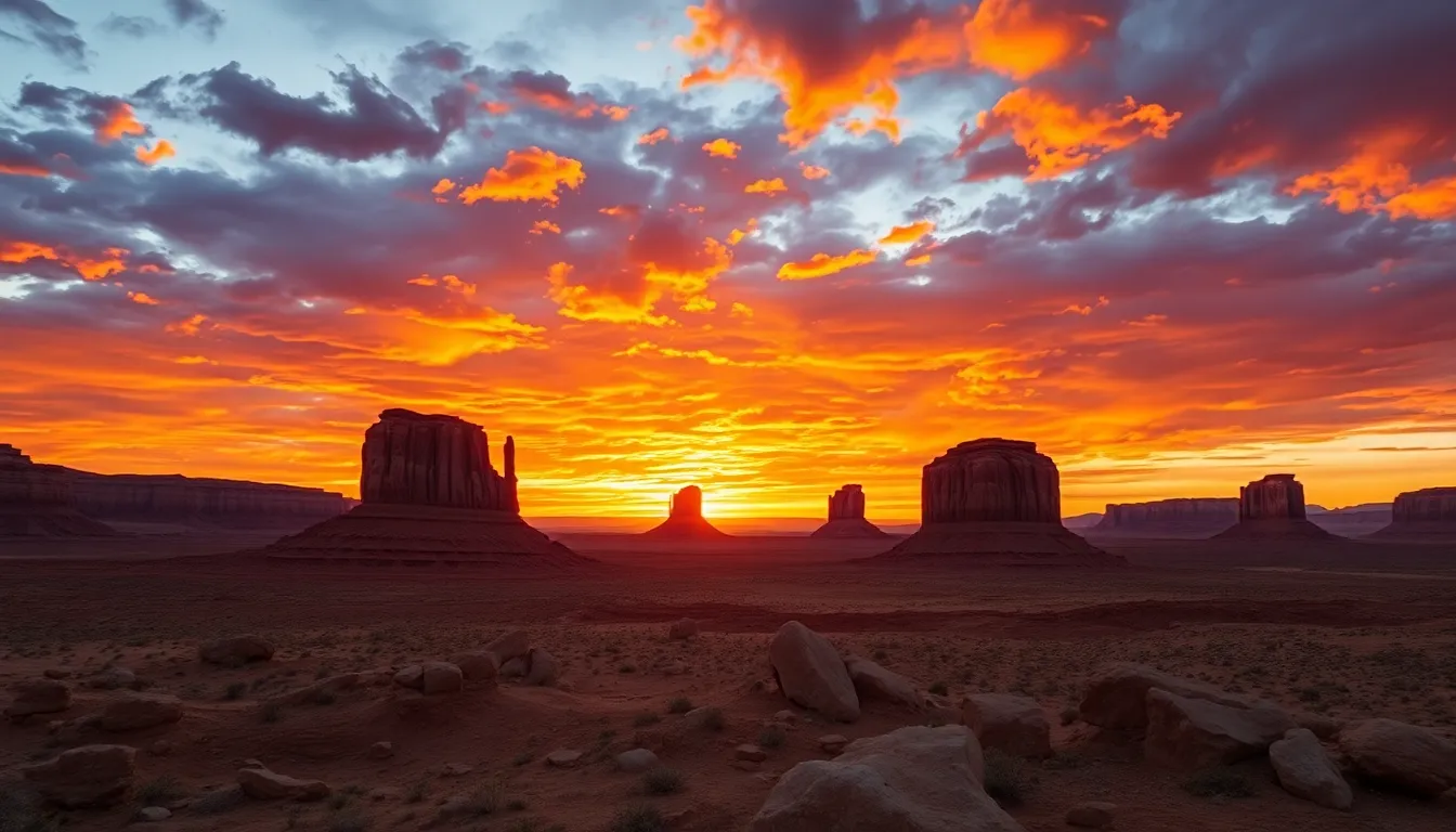 Dramatic Sunset Over Rocky Desert Landscape This breathtaking image captures a dramatic sunset in the desert, where fiery colors paint the sky above rocky formations. The interplay of vibrant oranges and purples creates a stunning contrast against the rugged textures of the landscape below. With a sharp focus on both the foreground and background, the scene invites viewers to immerse themselves in the beauty of nature. This composition serves as a reminder of the breathtaking moments that can be found in the desolate beauty of a desert sunset.