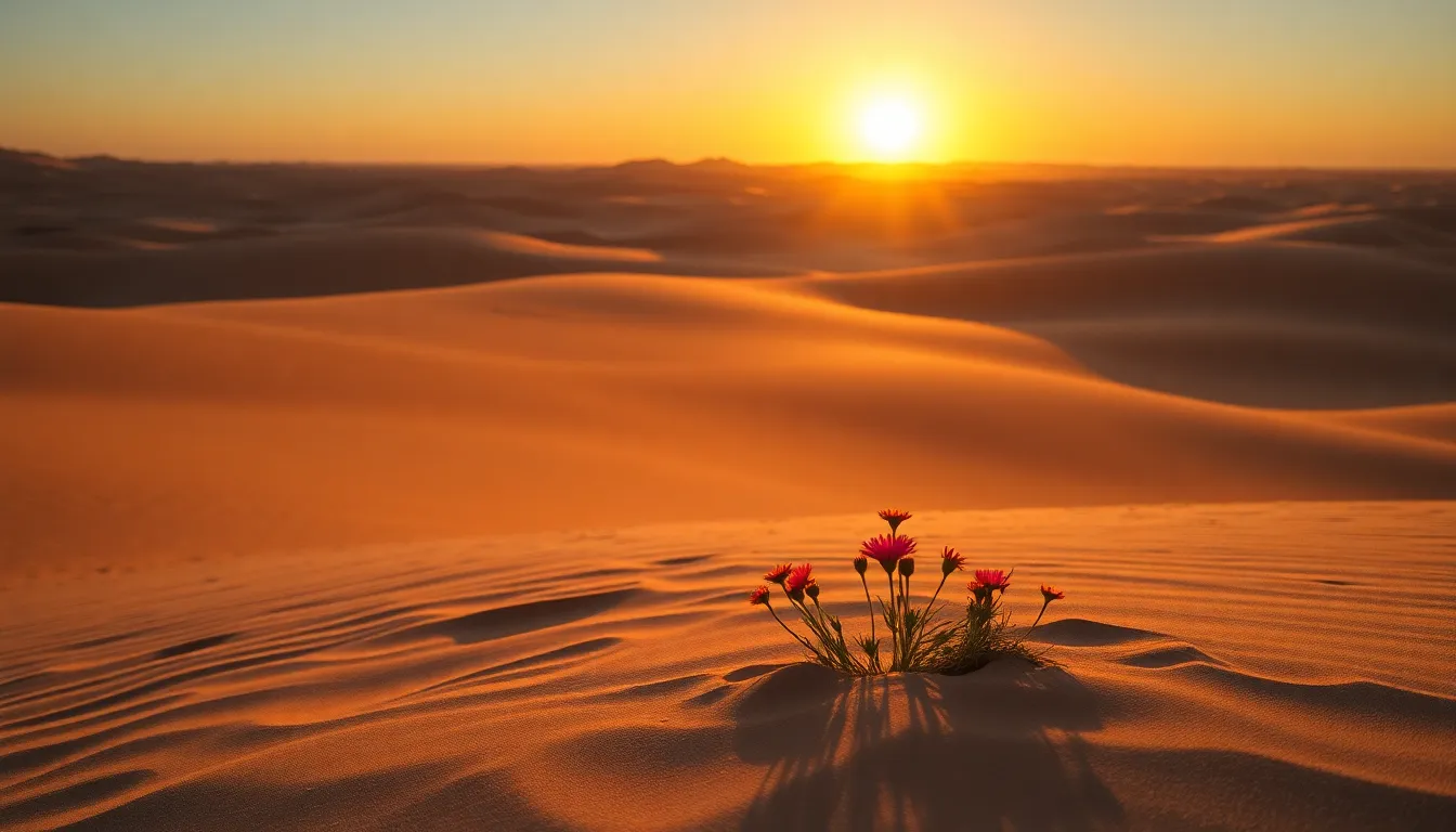This stunning photograph captures a vast desert landscape bathed in the warm glow of golden hour. The rippled sand dunes stretch across the frame, while clusters of wildflowers add vibrant splashes of color. The interplay between light and shadow, along with the gentle curves of the dunes, creates a serene and inviting atmosphere. Warm tones dominate the scene, enhancing the natural beauty of this desert oasis.