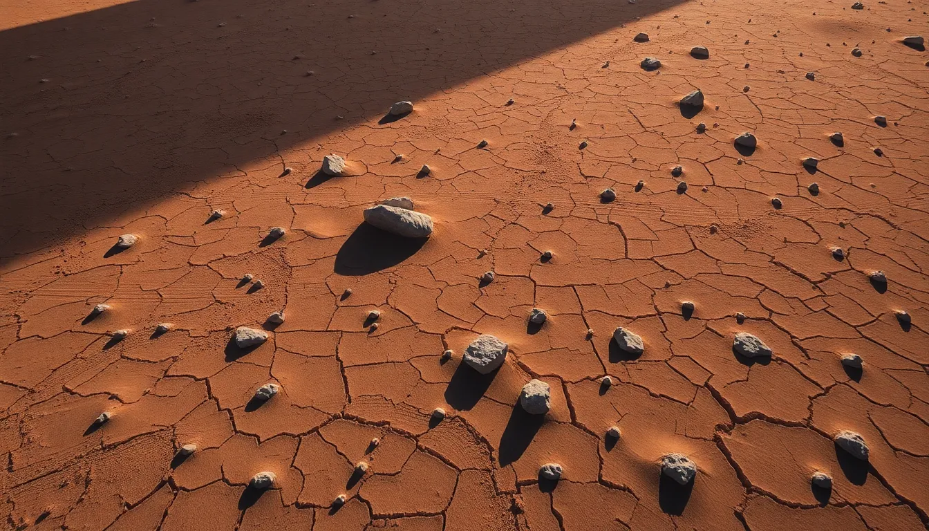 Aerial View of Cracked Desert Landscape This stunning aerial photograph captures the intricate patterns of a cracked desert landscape, revealing a tapestry of earthy tones and textures. The sunlight casts dynamic shadows across the terrain, enhancing the sense of depth and dimension. Using a hyperfocal depth of field, the image remains sharp throughout, inviting viewers to explore the vastness of the desert. The centered composition emphasizes the beauty and solitude of this arid environment.