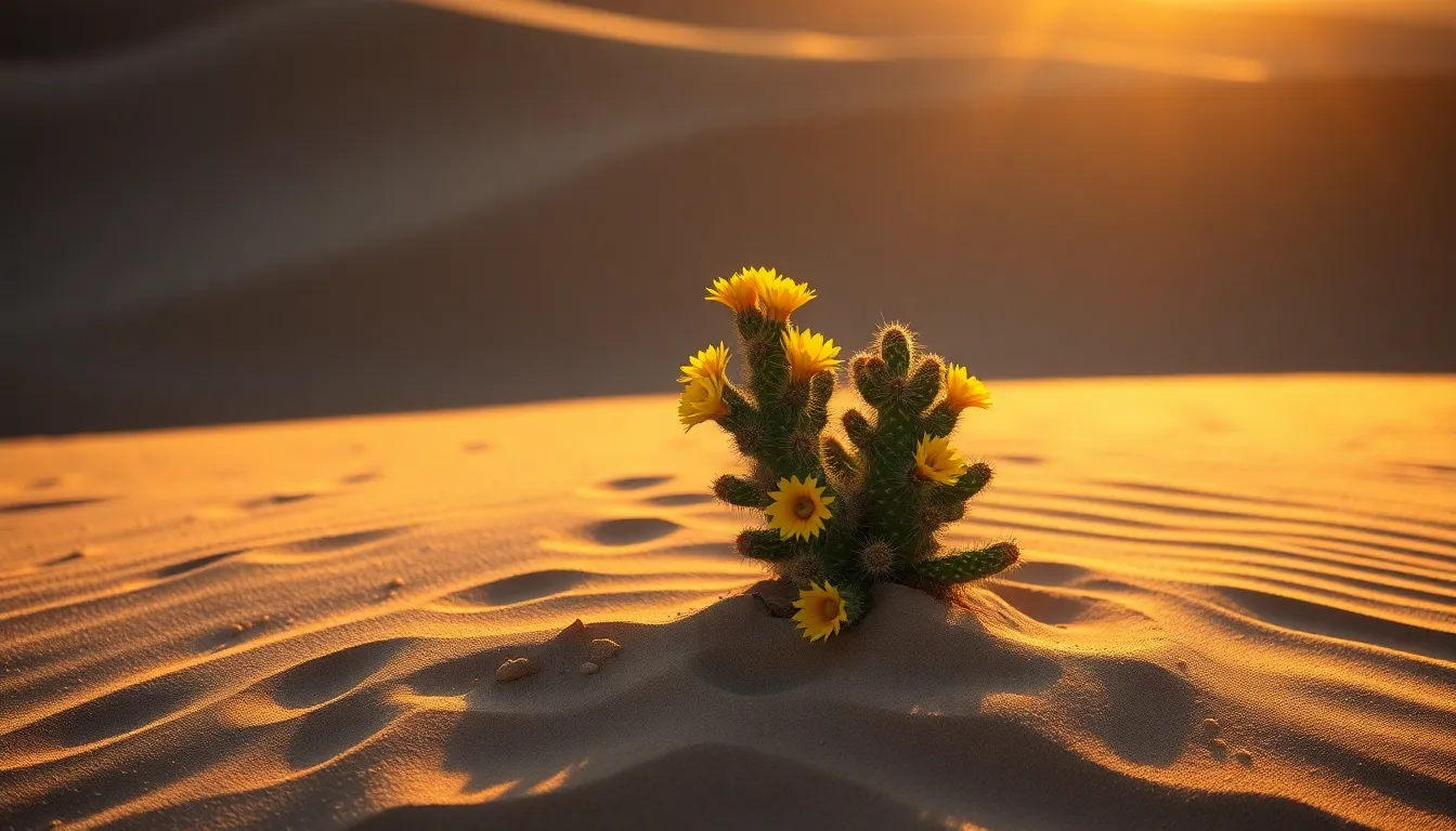 Solitary Cactus in Desert Dunes at Golden Hour This stunning image features a solitary cactus blooming in a vast desert landscape during golden hour. The warm light creates long shadows across the undulating sand dunes, while the vibrant yellow flowers of the cactus stand out against the soft, muted earth tones of the environment. The shallow depth of field beautifully isolates the cactus, drawing the viewer's eye while the foreground sand sparkles in the sunlight. This composition encapsulates the serene beauty of desert life.