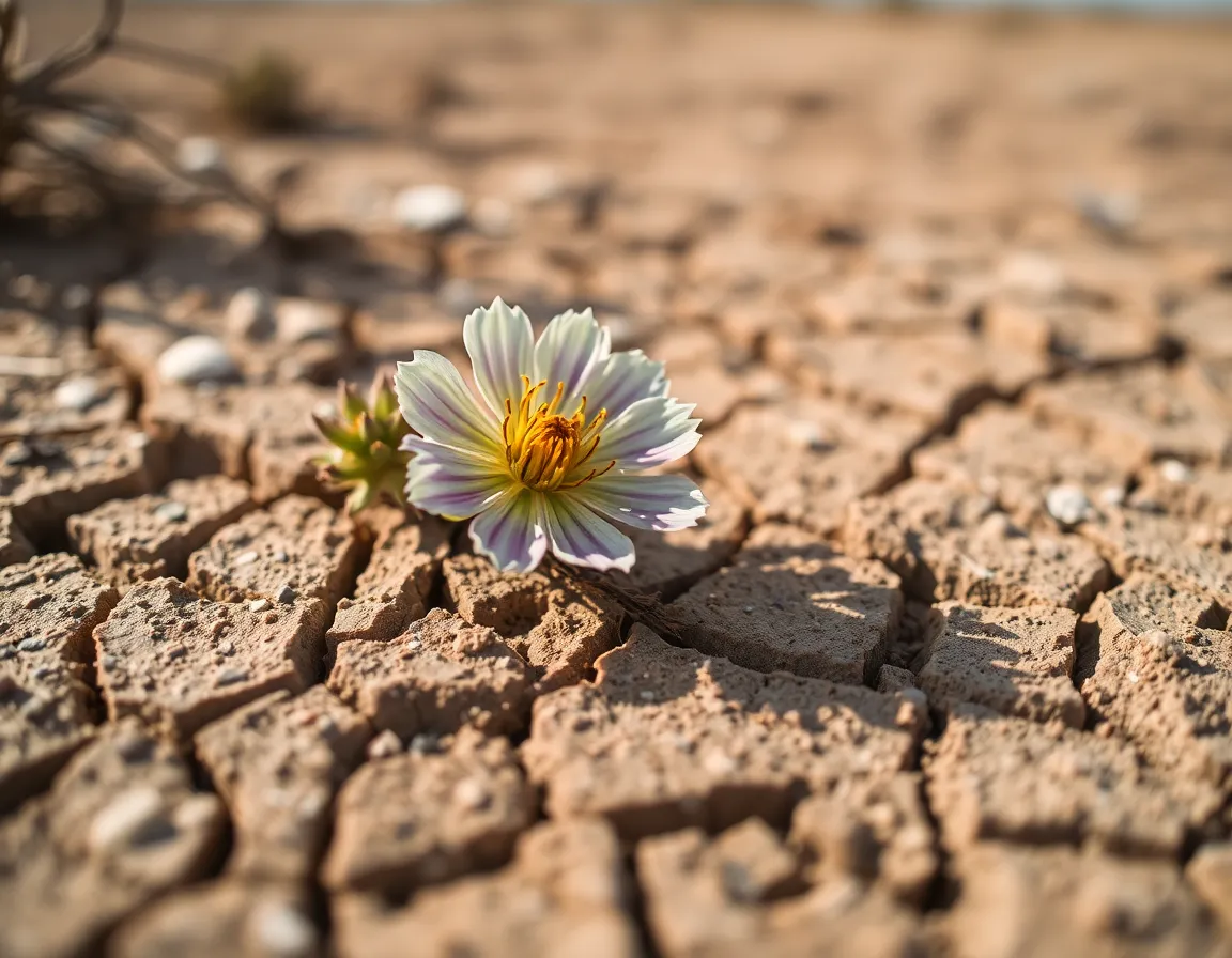 This striking image captures the delicate beauty of a wildflower thriving in the harsh desert environment. With the vibrant bloom set against the backdrop of cracked, dry soil, the macro perspective allows for an intricate display of textures and colors. The image highlights the resilience of nature, displaying how life can flourish even in the toughest conditions. The floral details contrast beautifully with muted earth tones, creating a visually captivating scene.