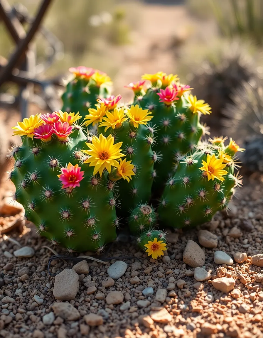 This vibrant photograph captures a close-up view of a cluster of cacti in full bloom, displaying a delightful mix of colors in the heart of the desert. The morning light gently illuminates the intricate textures of the cacti and their sharp spines, creating a striking contrast against the earthy background. The saturated greens and bright floral hues evoke a sense of life and resilience in this arid environment. The composition draws the viewer in, highlighting the beauty of desert flora.