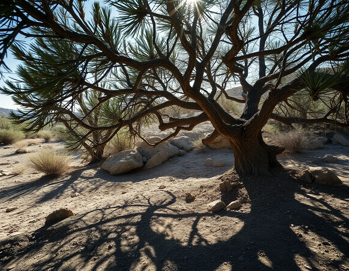 Desert Juniper Tree in Dappled Light This serene image features a desert juniper tree basking in dappled sunlight, with soft patterns created on the ground by the gentle filtering light. Captured in hyperfocal sharpness, every detail from the rugged terrain to the leafy branches is clear. The image reflects natural muted tones, reinforcing the calming atmosphere of the desert environment. Leading lines guide the viewer’s gaze from the tree to the textured ground, where every leaf and stone tells a story.
