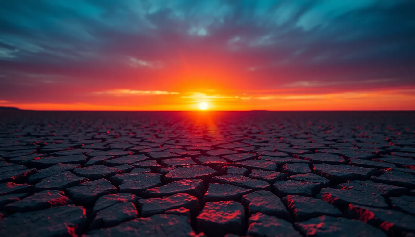 Vibrant Sunset Over Cracked Desert Lakebed