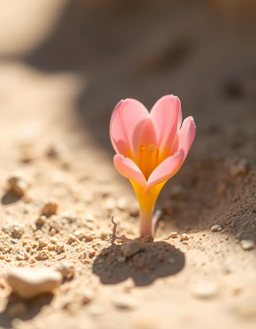 This exquisite macro photograph reveals the delicate beauty of a desert flower in bloom, showcasing its vibrant pink and yellow petals. Captured with soft diffused light, the image highlights intricate details while the surrounding landscape fades softly into the background. This stunning close-up illustrates the resilience of life thriving in challenging desert conditions, evoking a sense of wonder and appreciation for nature's beauty.