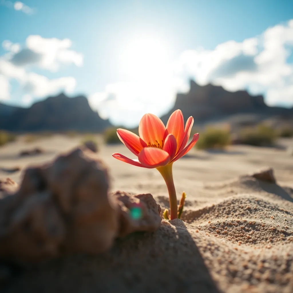 Desert Bloom Under Sunlight A stunning close-up of a vibrant desert flower illuminated by natural sunlight, breaking through cloud cover. The selective focus highlights the intricate details of the petals while a softly blurred background creates a dreamy atmosphere. Shot with rich, warm tones reminiscent of Kodak Portra 400, the image invites the viewer to appreciate the beauty of life blossoming in the harsh desert environment. Jagged rock formations provide an interesting frame that enhances the flower's delicate nature.