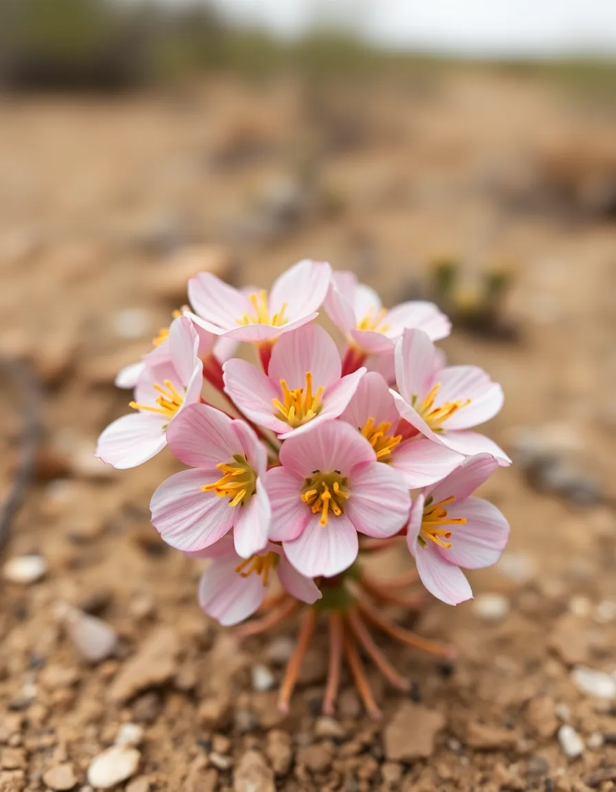 Blooming Desert Flowers Under Overcast Sky In a secluded corner of the desert, a cluster of vibrant flowers blooms under an overcast sky. The diffused daylight allows subtle details of the petals and leaves to shine, while a soft background bokeh enhances the scene's delicate nature. The flowers' rich colors pop against the muted earth, creating a stunning visual balance. This close-up captures the resilience and beauty of life in the stark desert environment, celebrating nature's intricate details.