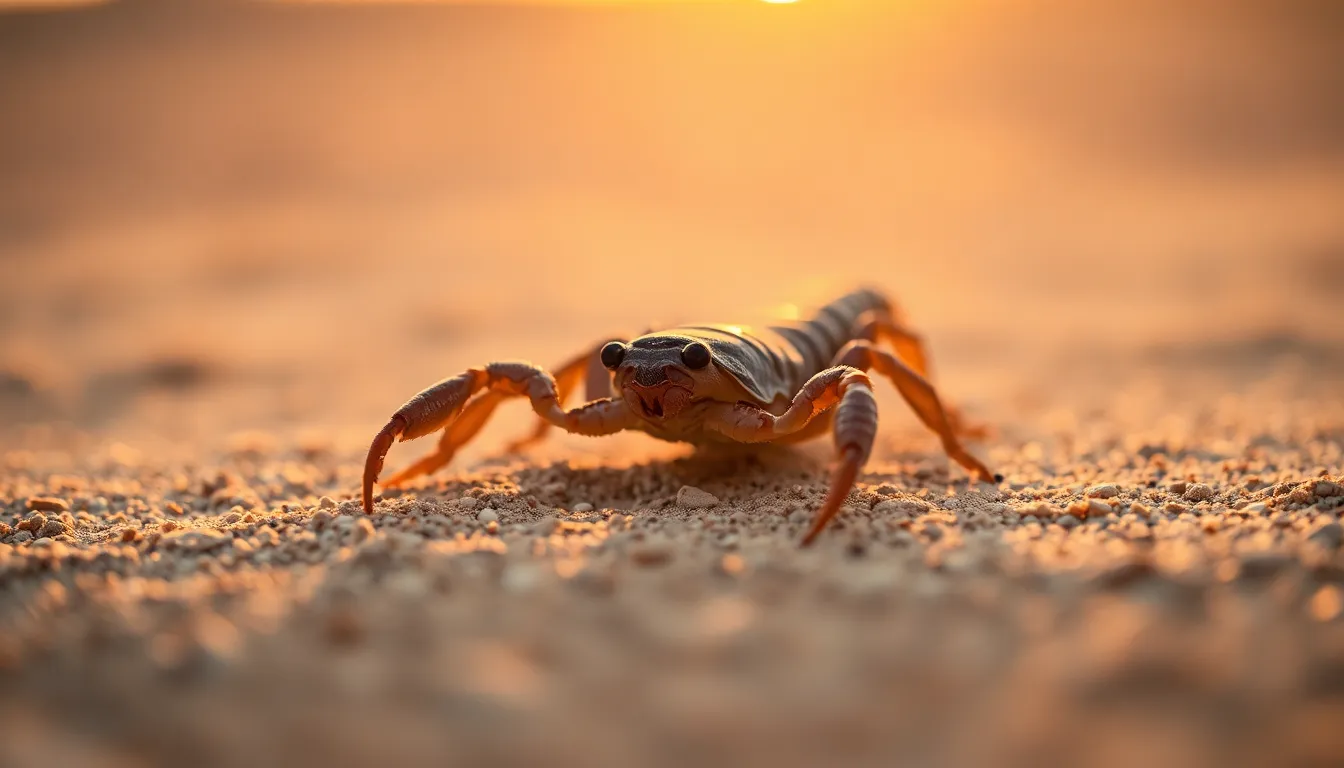 This detailed macro image showcases a desert scorpion poised on fine sand during warm evening light. The selective focus highlights the intricate features of the scorpion against a softly blurred background, creating a striking contrast. The natural muted tones enhance the earthy palette, while centered symmetrical composition draws attention to the creature. The texture of the scorpion’s exoskeleton and the delicate granules of sand beneath it are captured in sharp detail, providing a glimpse into its harsh desert habitat.