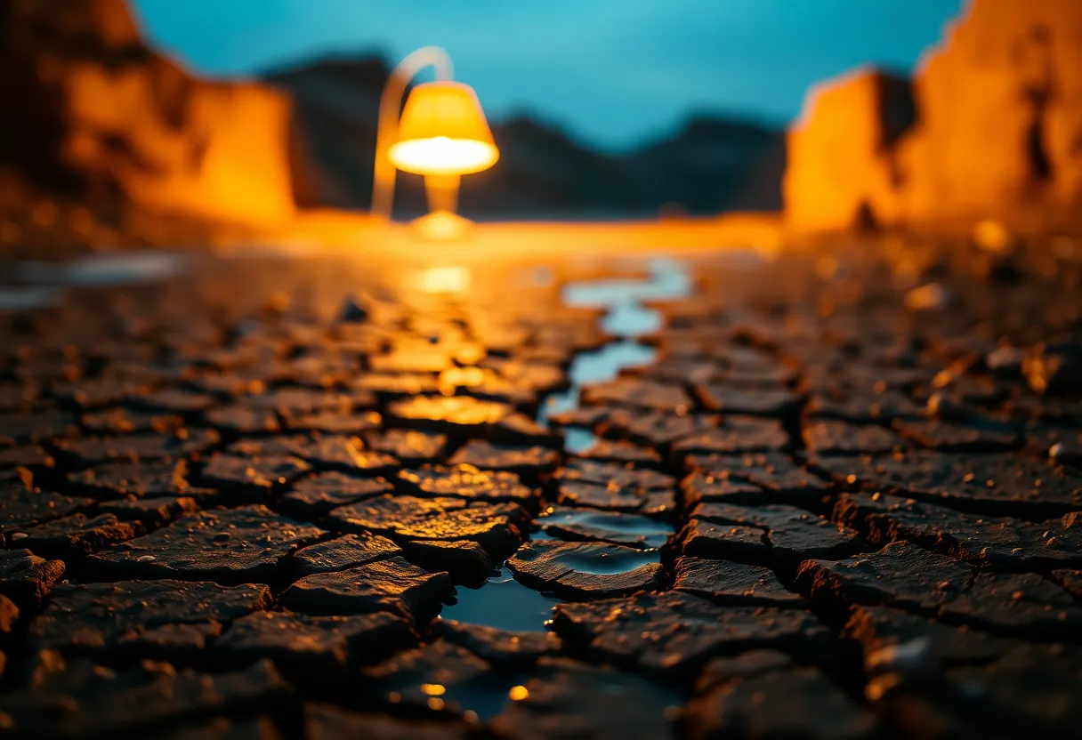 Jagged Rock Formations in the Desert The image captures jagged rock formations framing an expansive desert horizon, illuminated by a warm tungsten light. The shallow depth of field creates a creamy bokeh effect, drawing the viewer's focus toward the textured rocks. Under cinematic teal and orange color grading, the composition showcases the rough surfaces of the formations against the smoothness of the distant sand dunes. This striking contrast highlights the harsh beauty of the desert landscape.