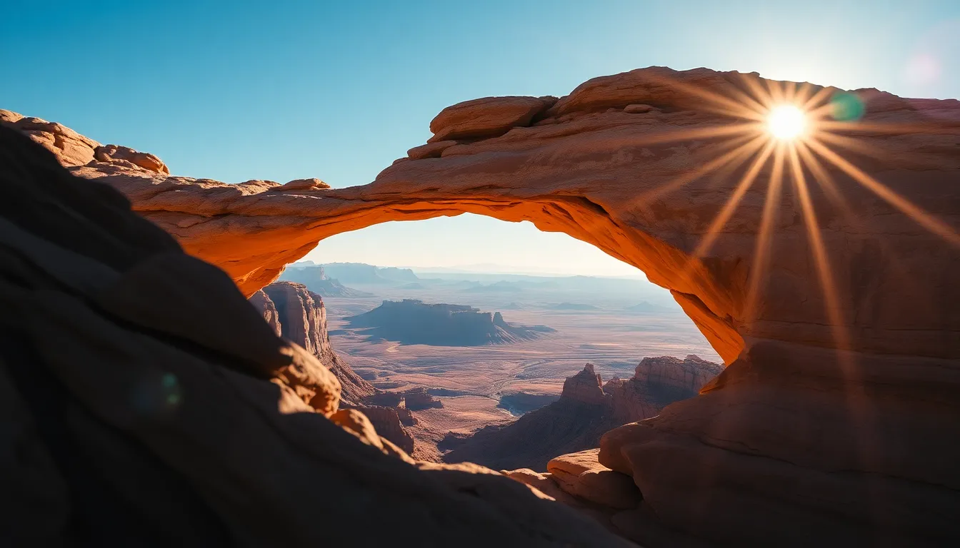 Framed by a rocky arch, this breathtaking view captures a vast desert valley illuminated by bright mid-afternoon light. The cinematic teal and orange grading adds drama to the scene, enhancing the vibrant colors of the landscape. With everything sharp from foreground to infinity, the composition draws the viewer's eye towards the distant horizon, showcasing the expansive beauty of the desert. Sharp shadows create a striking contrast on the textured rocks, adding depth and interest to this captivating scene.