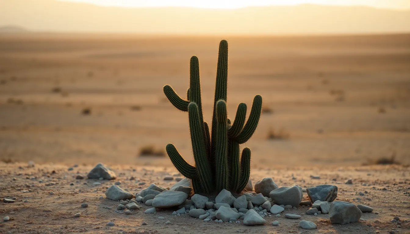 This serene photograph depicts a lone cactus standing tall in a tranquil desert landscape at dawn. Soft diffused light gently illuminates the scene, casting a warm glow over the muted earth tones of the terrain. The hyperfocal focus captures exquisite details of the cactus and rocky ground, creating a sense of depth throughout the composition. This image evokes a peaceful early morning atmosphere, inviting viewers to experience the calm beauty of the desert at dawn.