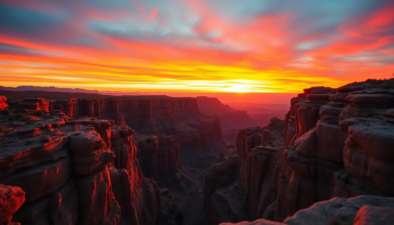 A breathtaking sunset casts vibrant colors over a rocky canyon in this stunning image. The dramatic lighting highlights the jagged rock formations, while a tilt-shift miniature effect adds a surreal quality to the scene. The rich warm colors of the sunset, particularly the reds and purples of the sky, create a captivating backdrop. With a rule of thirds composition, the horizon is placed perfectly to draw the viewer's eye across the landscape.