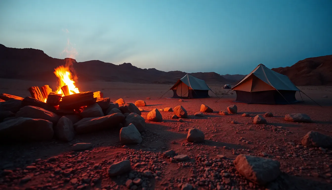 A mesmerizing dusk scene capturing a desert campsite illuminated by flickering firelight. The Dutch angle composition creates dynamic tension, drawing viewers into the rugged landscape. The warm, muted tones enhance the contrast between the rough stone and the soft fabric of tents. Everything from the foreground to the background is in sharp focus, showcasing the textures and details of this serene desert retreat.