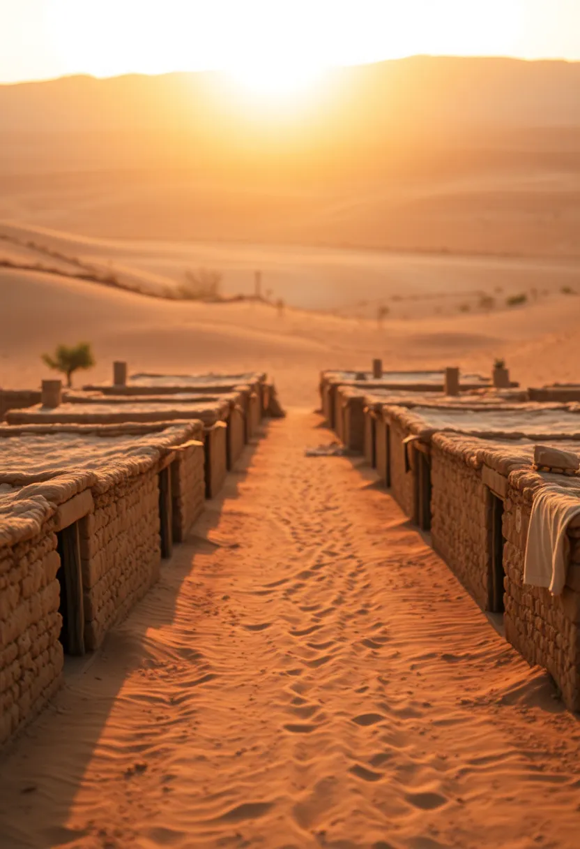 A Miniature Desert Village at Sunset A small desert village is captured at golden hour, with warm backlighting creating a magical rim light around the adobe structures. The tilt-shift effect offers a unique perspective, drawing attention to the symmetrical arrangement of huts and winding paths. Natural muted tones create a harmonious feeling, while the rough textures of the adobe contrast beautifully with the smooth desert sand. This idyllic scene evokes a sense of tranquility and simplicity in the vast landscape.