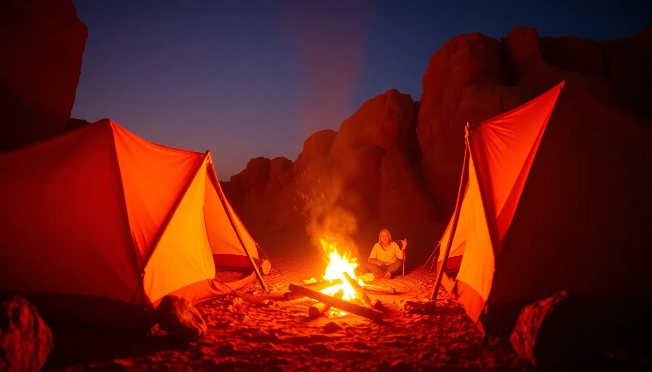 Cozy Desert Campfire at Night This inviting image features a cozy campsite in the desert illuminated by the warm glow of a campfire. The firelight creates a soft, inviting atmosphere as it highlights the textured fabric of the tents and the surrounding rocky landscape. Captured with a medium format camera, the warm color palette brings out the natural beauty of the scene, from the rich skin tones of people gathered around the fire to the intricate details of their camping gear. This composition evokes a sense of community and warmth in the vast desert night.
