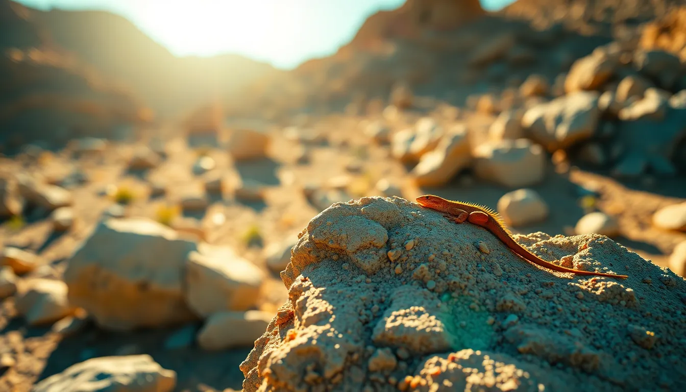 Vibrant Lizard Basking on Rocky Desert Surface In this vibrant composition, a colorful lizard basks on a sun-warmed rock in a harsh desert environment. Captured under the bright midday sun, the lizard is in sharp focus while the rocky landscape blurs softly in the background. The cinematic teal and orange color grading brings out the lizard's bold colors and enhances the stark contrast of the scene. The intricate textures of the rugged rock surface add depth, making this moment in nature both striking and memorable.