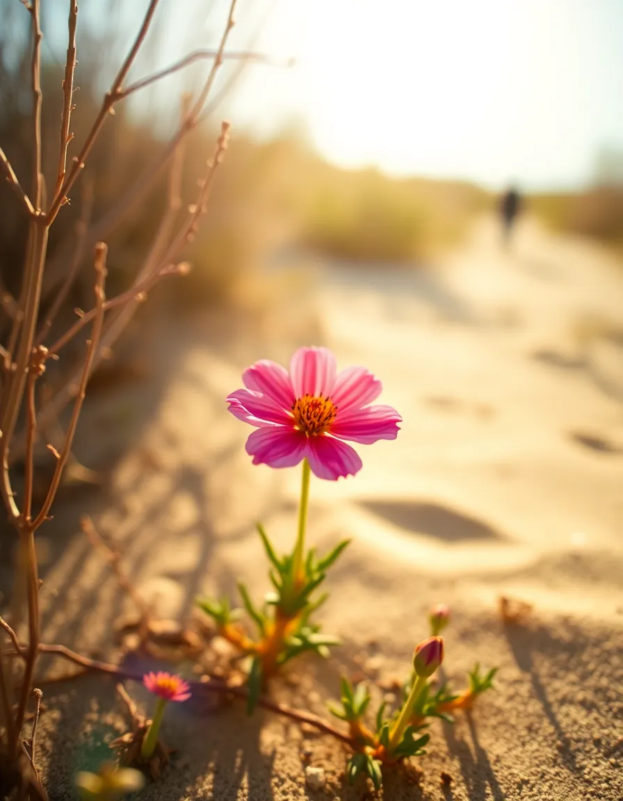 Vibrant Desert Flower in Sunlight A vibrant desert flower blooms amidst sparse foliage, illuminated by dappled sunlight filtering through the leaves. The selective focus emphasizes the flower’s rich colors against a blurred sandy background, creating a stunning contrast. The warm film tones enhance the natural beauty of the scene, while the delicate petal textures invite the viewer to appreciate the intricacies of nature. The leading lines naturally guide the eye toward the focal point, enhancing the composition.