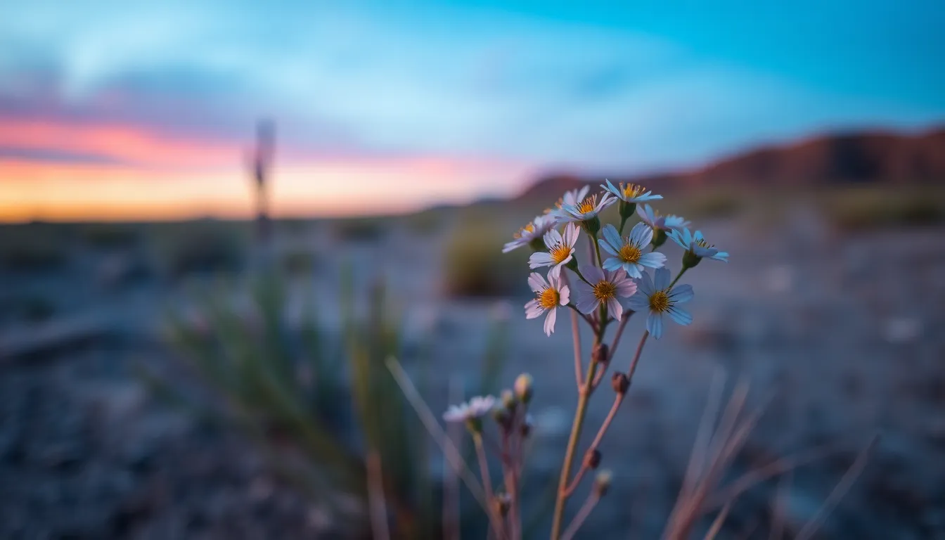 This captivating image showcases a cluster of vibrant desert wildflowers during twilight, bathed in soft blue and pink hues. The selective focus draws attention to the intricate details of the flowers, highlighting their delicate petals against the softly blurred desert background. Rich saturated colors enhance the flowers' vibrancy, creating a striking contrast with the muted earth tones surrounding them. The leading lines of the ground guide the viewer towards this oasis of color, beautifully framing the scene.
