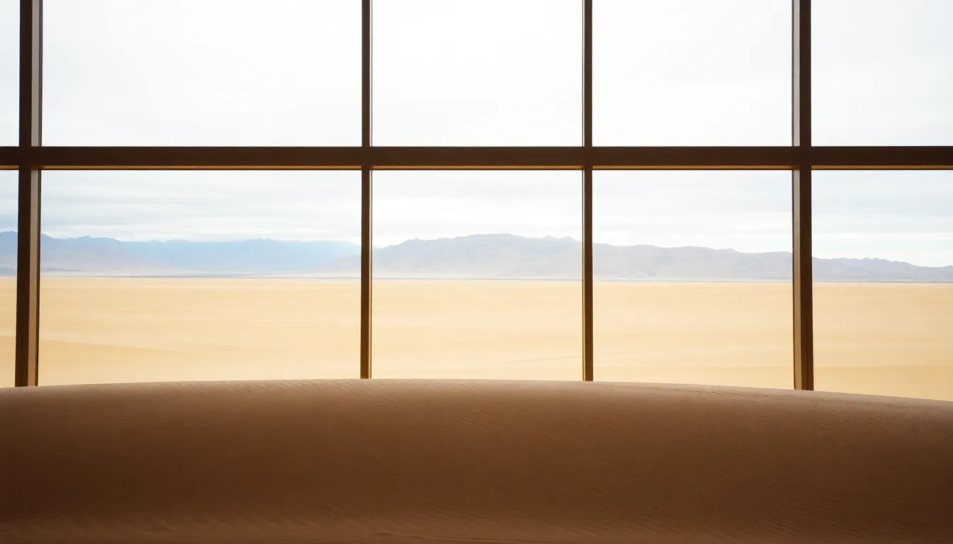 An expansive view of a majestic desert landscape features rolling sandy dunes leading toward distant mountains under soft, overcast light. The composition employs leading lines that guide the viewer's eye through the scene, emphasizing the beauty of the natural textures created by wind patterns on the sand. The warm tones of the Kodak Portra color palette give the image a smooth, inviting feel, while the detailed sharpness from a hyperfocal distance enhances depth, showcasing the grandeur of the desert's undulating terrain.