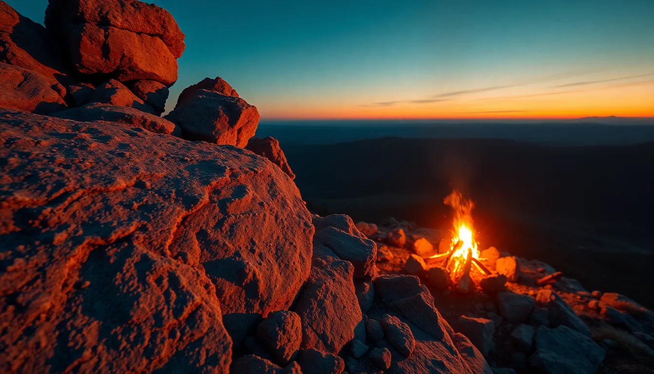 Campfire in Desert Landscape at Dusk As dusk falls upon the desert, a campfire glows warmly against the rugged rock formations nearby. The flickering light casts dynamic shadows, while the twilight sky transitions into deeper hues. The composition draws the viewer in with leading lines of the rocks, guiding the eye towards the horizon where the last remnants of daylight linger. This image captures the comforting ambiance of a desert night, enriched by the natural textures of the landscape.