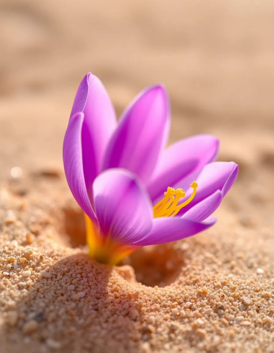 Close-up of Vibrant Desert Flower This captivating close-up image showcases a vibrant desert flower, delicately juxtaposed against the sandy ground. The soft morning light accentuates the flower's rich purples and yellows, highlighting its fine details and textures. With a shallow depth of field, the composition draws the viewer's attention to the flower while softly blurring the background. This image beautifully captures the resilience and beauty of life in the desert.
