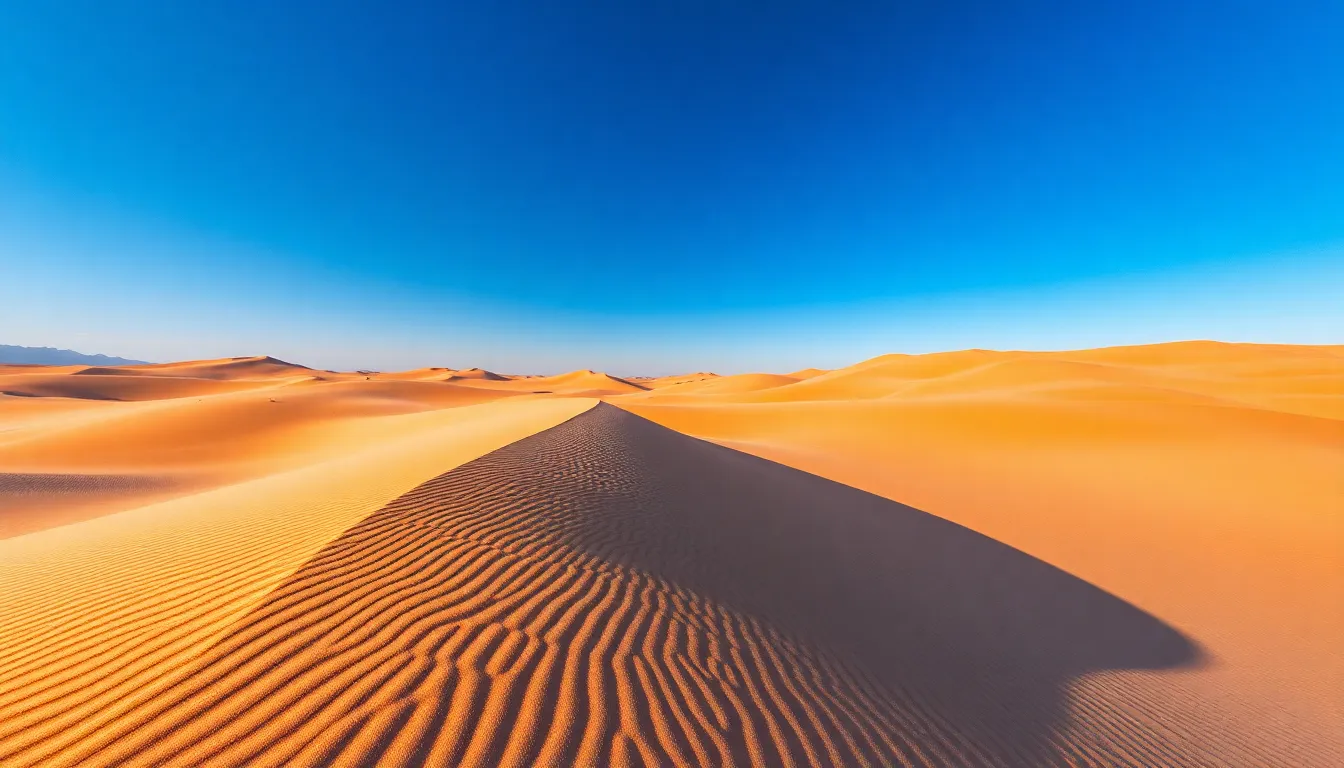 An expansive view of golden sand dunes stretches toward a bright blue sky. Harsh sunlight creates dramatic contrasts and sharp shadows across the rippling sands. The hyperfocal focus technique ensures that every detail, from the foreground textures to the distant horizon, remains in sharp clarity. Vibrant colors emphasize the warm tones of the sand against the cool blues above, producing a visually striking and expansive desert landscape.