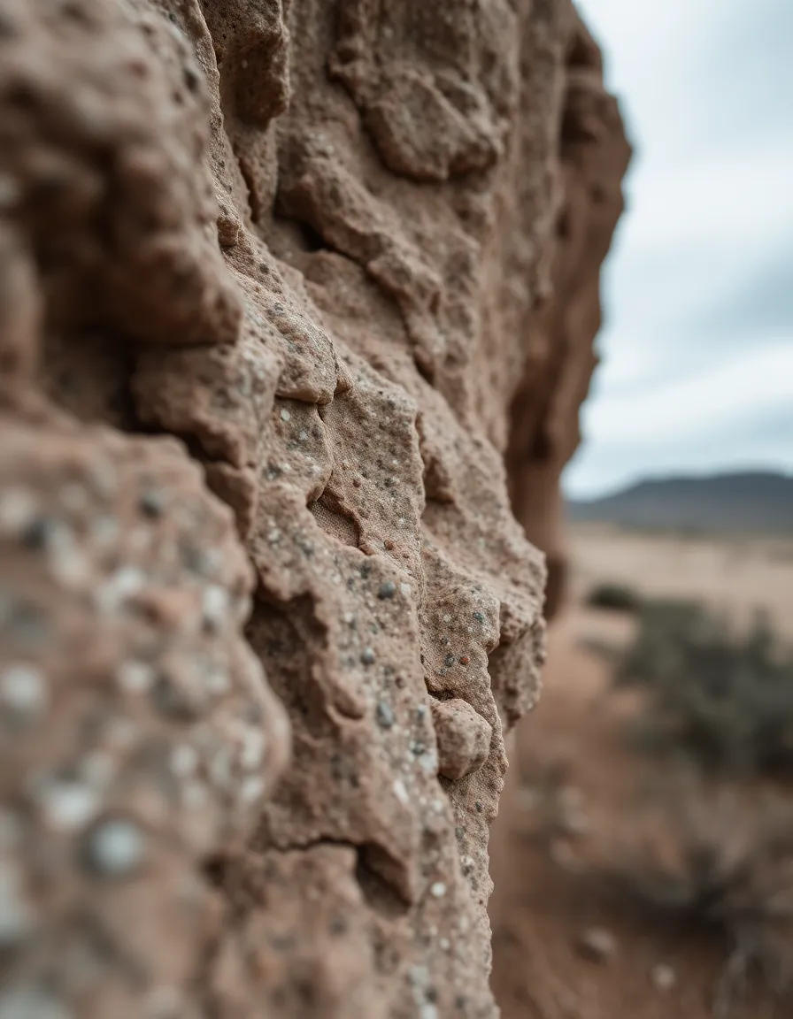 An intimate close-up of a weathered rock formation in the desert, revealing intricate textures and colors of deep grays and earthy reds. Captured in the soft, overcast light, the details of the rock's surface are highlighted, showcasing its rough and speckled characteristics. The shallow depth of field allows for a dreamy background, pulling focus to the natural beauty of the formation. This photograph invites exploration of the desert's geological wonders, evoking a sense of connection with nature.