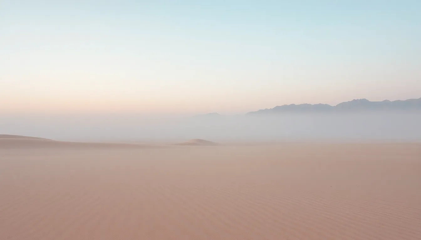 Barren Desert Landscape at Dawn In this serene image, a vast desert landscape emerges at dawn, cloaked in a delicate veil of morning mist. The soft pastel colors of the early sky create a calm atmosphere, while smooth sand patterns provide texture in the foreground. Sharp focus throughout the scene captures the expansive beauty of the desert, inviting viewers to explore its tranquil charm. This image conveys a sense of peace and quiet awakening in the natural world.