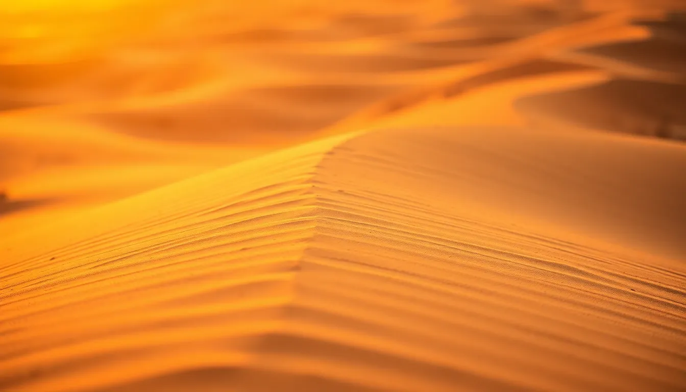 Golden Hour Desert Landscape with Warm Light A breathtaking desert landscape captured during golden hour, showcasing the warm hues of the sand dunes. The warm backlighting highlights the textures of the wind-swept grains, creating soft shadows and rich contrasts with the sparse vegetation. Gentle leading lines draw the viewer's eye towards the horizon, enhancing the vastness of the scene. The overall mood is tranquil yet expansive, allowing the viewer to feel the serene beauty of the desert at dusk.
