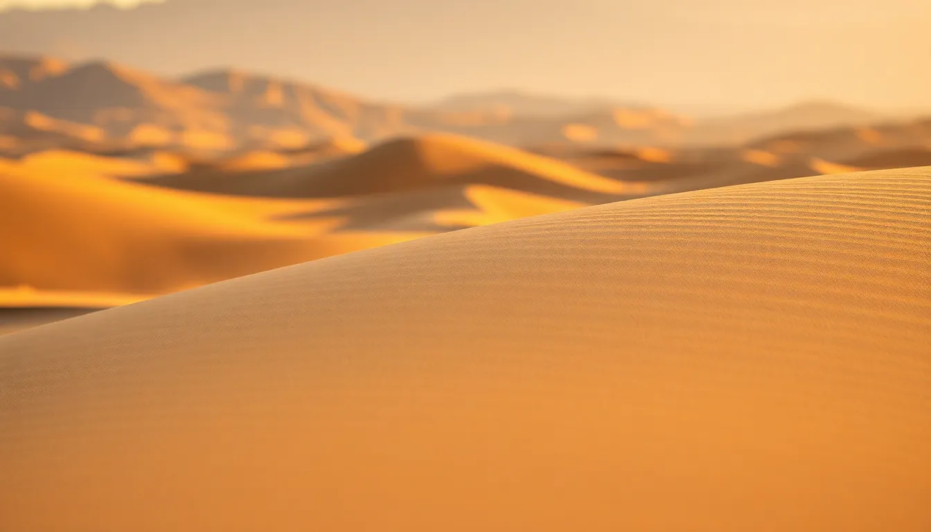 Golden Hour Desert Dunes at Sunset A breathtaking image capturing the golden hour light illuminating the soft curves of sand dunes in a quiet desert. The warm hues of the sunset blend beautifully with the muted tones of the landscape, creating a serene atmosphere. A shallow depth of field emphasizes the intricate texture of the sand while the distant hills melt into a painterly bokeh. The composition draws the viewer’s eye to the leading lines of the dunes, inviting exploration.