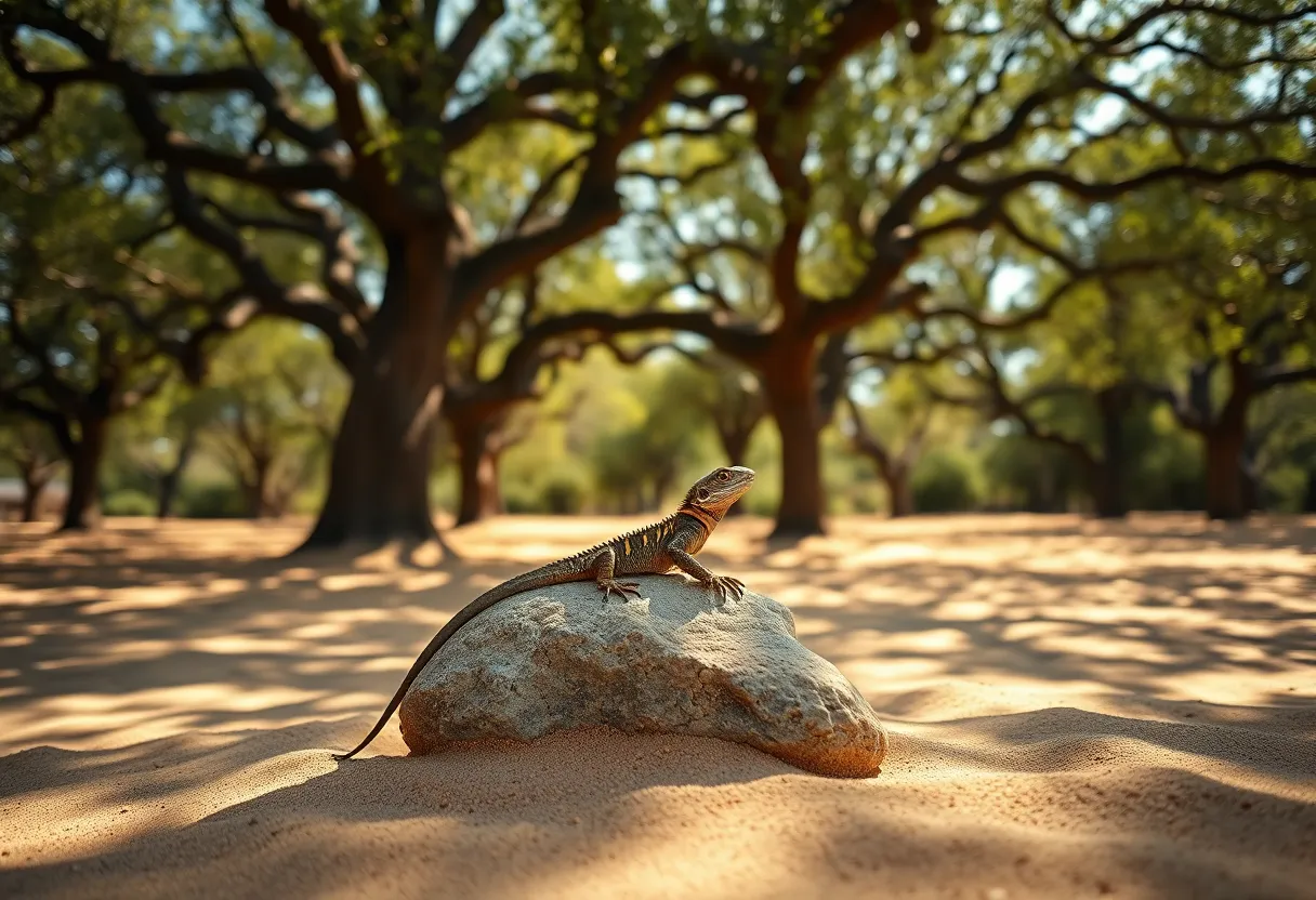 Lizard on Rock in Desert Acacia Shade Set under a sprawling acacia tree in the desert, this image captures a lizard basking on a sun-warmed rock. Dappled sunlight creates intricate shadow patterns on the sandy ground, adding depth to the scene. The vibrant greens of the surrounding foliage are contrasted against the warm tones of the desert, while the lizard's detailed scales enhance the textural richness. This composition showcases the beauty and ruggedness of desert life, portrayed in vivid detail.