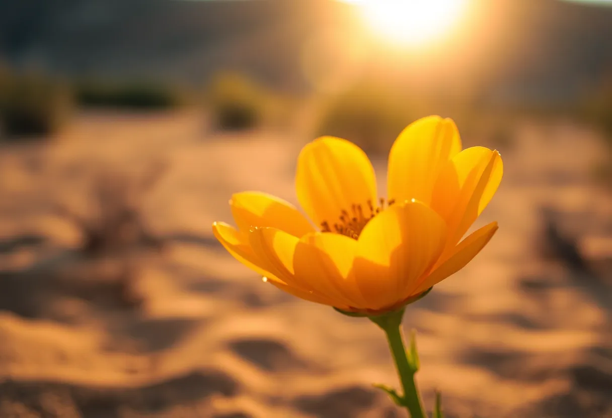 A close-up shot of a vibrant desert flower captured during golden hour, revealing intricate petal textures illuminated by warm backlighting. Dew droplets glisten on the petals, enhancing the beauty of this arid bloom against a softly blurred backdrop of desert sand and sparse vegetation. The color palette of soft golds and deep greens conveys a tranquil desert morning, with the carefully composed shot emphasizing the delicate nature of this flower.