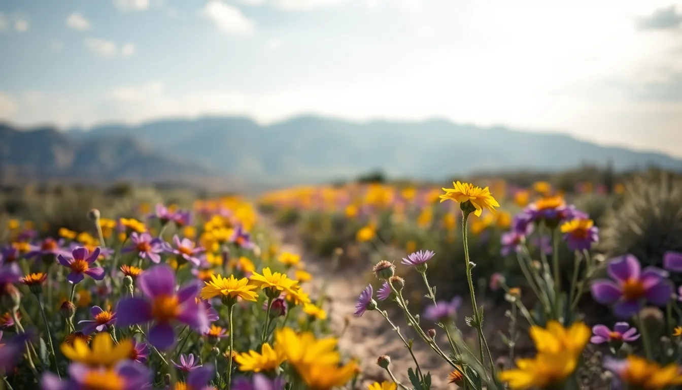 This vibrant image captures a field of wildflowers blooming in the desert, framed by soft, diffused daylight filtering through a light cloud cover. The selective focus highlights the rich purples and yellows of the flowers, while the majestic desert mountains provide a soft backdrop. Leading lines from a winding path draw the viewer's eye through this colorful scene, creating an inviting atmosphere. The dew on the petals adds a refreshing sparkle, enhancing the beauty of desert flora.