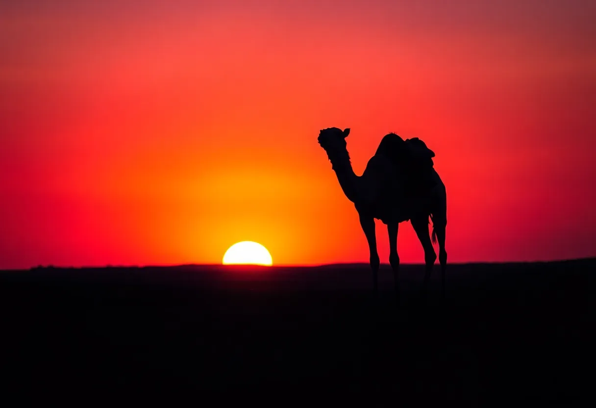 This striking photograph features a lone camel silhouetted against a breathtaking desert sunset. The sky bursts with vibrant colors, transitioning from fiery orange to deep purple as the day comes to an end. The composition emphasizes the camel's solitude in the expansive landscape, creating a sense of calm and tranquility. The shallow depth of field draws attention to the subject, while the enchanting hues of the sunset enhance the overall dramatic mood.