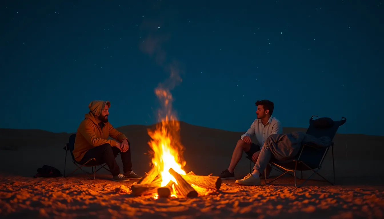 Campfire Gathering in Desert Night This engaging image captures a group of friends gathered around a campfire, their faces illuminated by the warm glow of the flames against the vast coolness of the desert night. The shallow depth of field focuses on their expressions while the background sparkles with countless stars. A cinematic teal and orange color grading contributes to the warmth, creating an inviting atmosphere. The composition uses the rule of thirds to draw attention to the figures while showcasing the surrounding desert landscape.