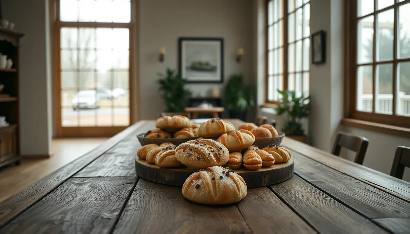 Rustic Table of Assorted Pastries An inviting display of assorted pastries arranged on a rustic wooden table, illuminated by soft, diffused daylight filtering through large windows. The composition is centered, drawing attention to each unique pastry's intricate details. The muted color palette emphasizes warmth and homeliness, creating a perfect atmosphere for a bakery or café setting. Ideal for food photography enthusiasts or culinary blogs.